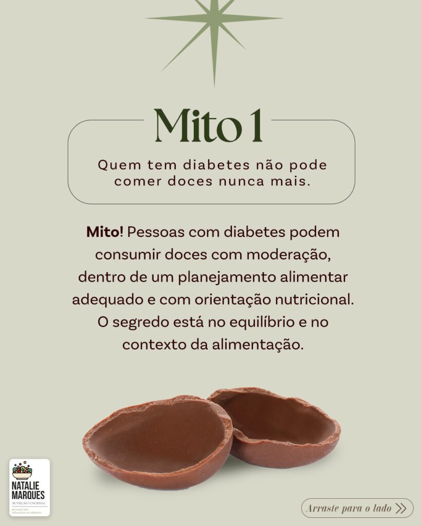 Mito 1: quem tem diabetes não pode comer doces nunca mais. É mito: com moderação e planejamento alimentar adequado, pode.