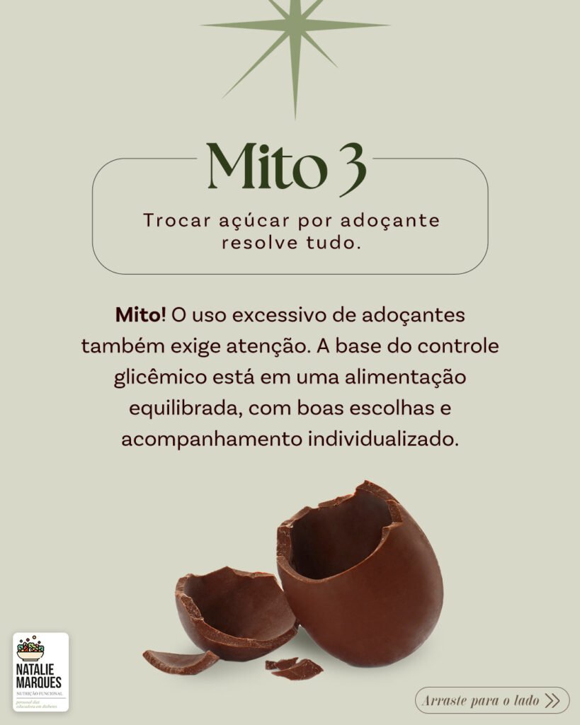 Mito 3: trocar açúcar por adoçante resolve tudo. É mito: o uso excessivo de adoçantes também exige atenção.