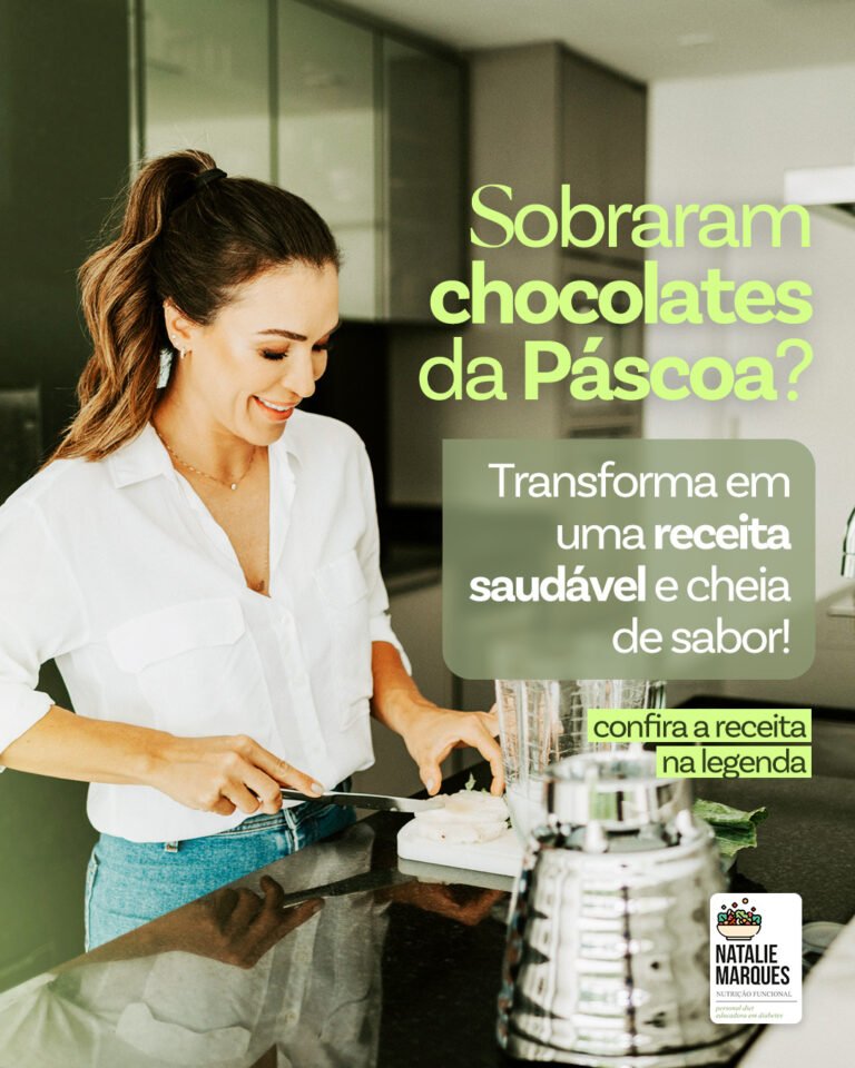 Natalie Marques prepara uma receita no liquidificador, com o texto: Sobraram chocolates da Páscoa? Transforme em uma receita saudável e cheia de sabor.